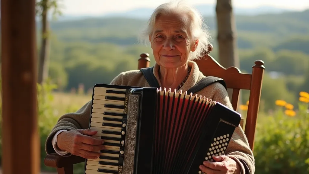 Elderly woman playing accordion in rural setting