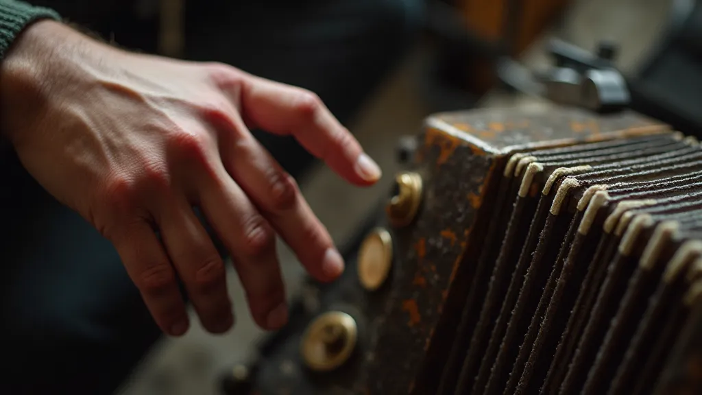Hand touching the bellows of an antique accordion.