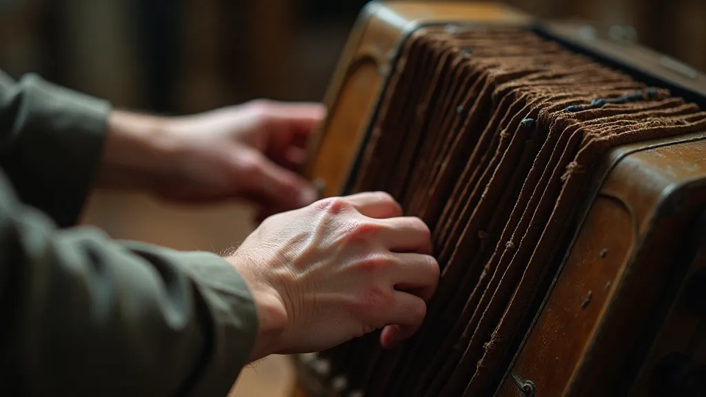 Restorer's hands with antique accordion bellows
