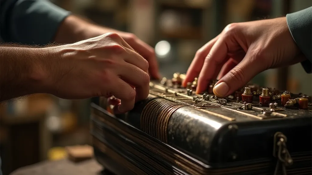 Close-up of a craftsman inspecting vintage accordion reeds.