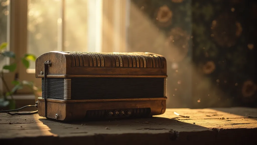 Vintage accordion still life, lit by soft natural light.