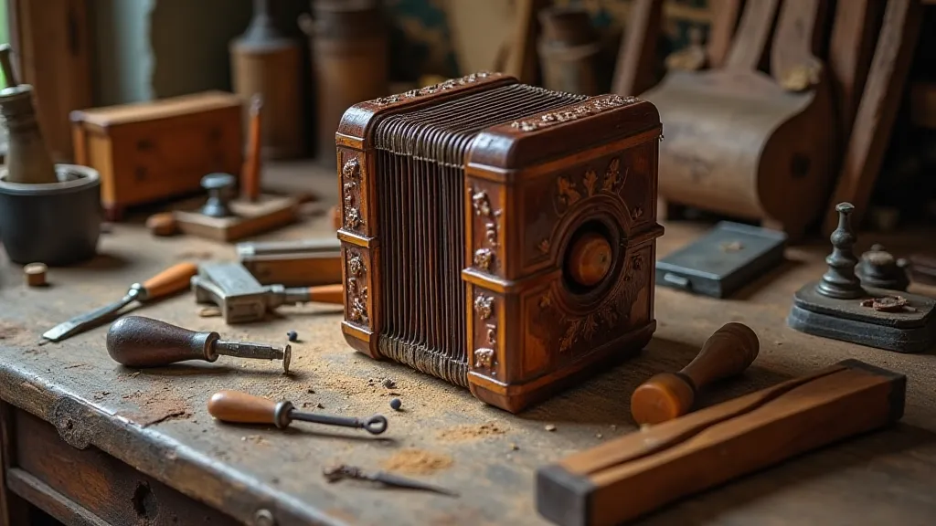 Artisan's workbench with antique accordion under construction.