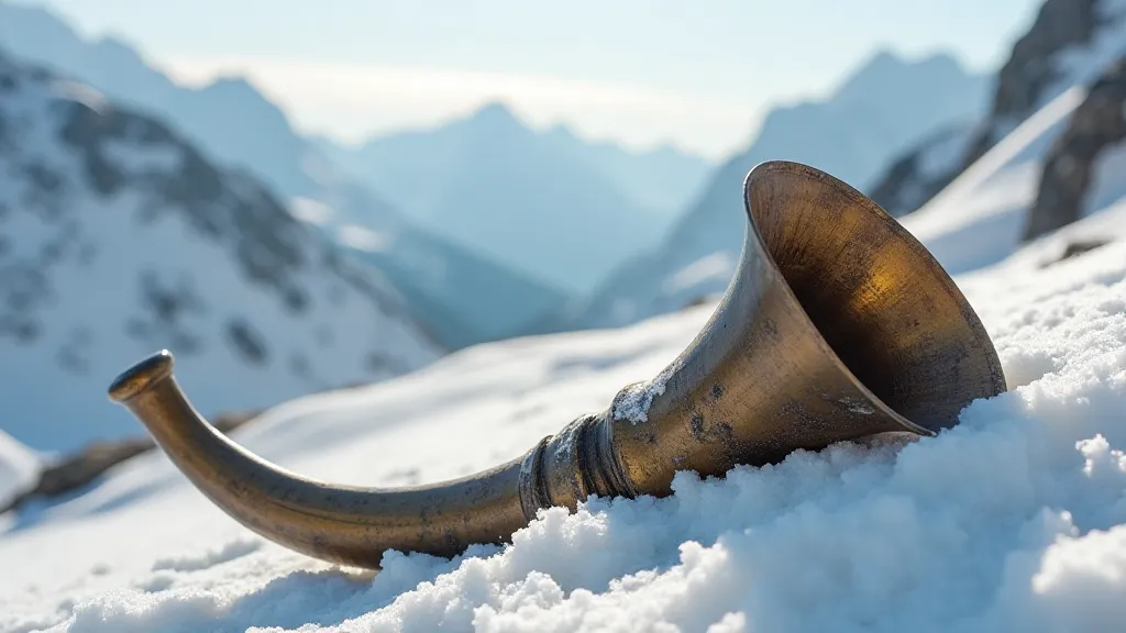 Antique alpine horn in snowy landscape