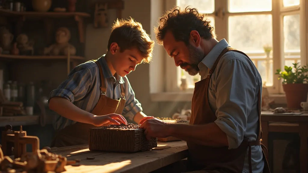 Apprentice observing a master craftsman
