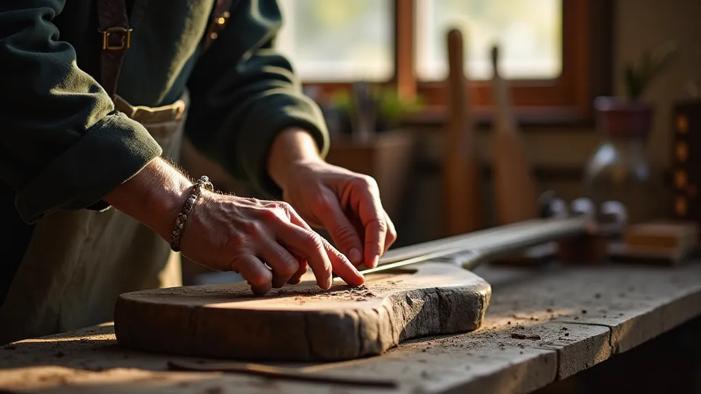 Artisan carving shamisen wood