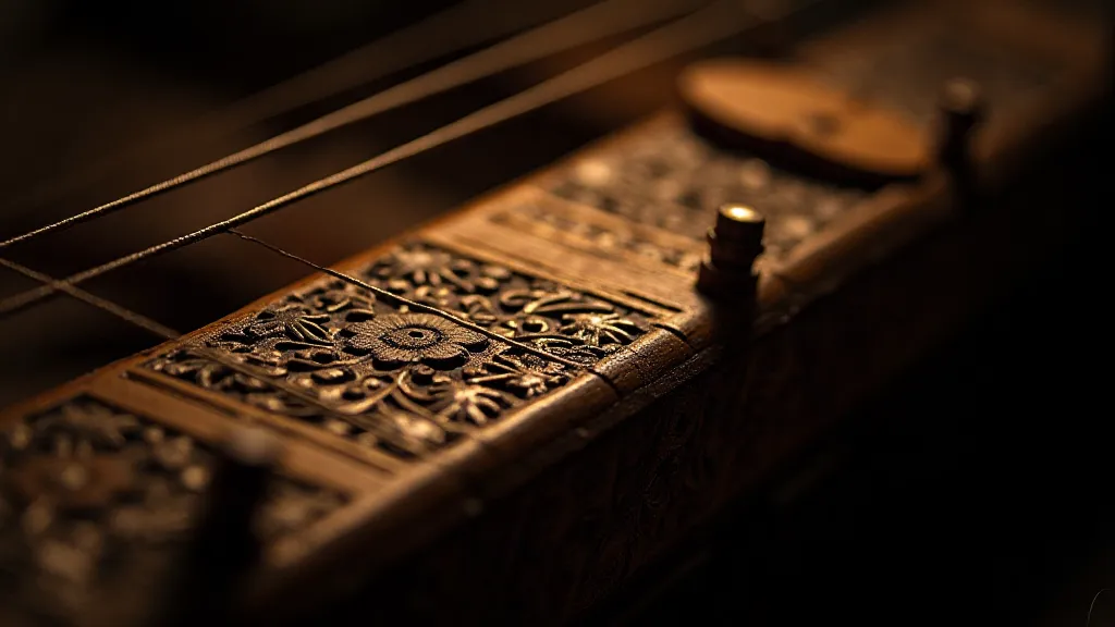 Close-up of a sitar's carvings