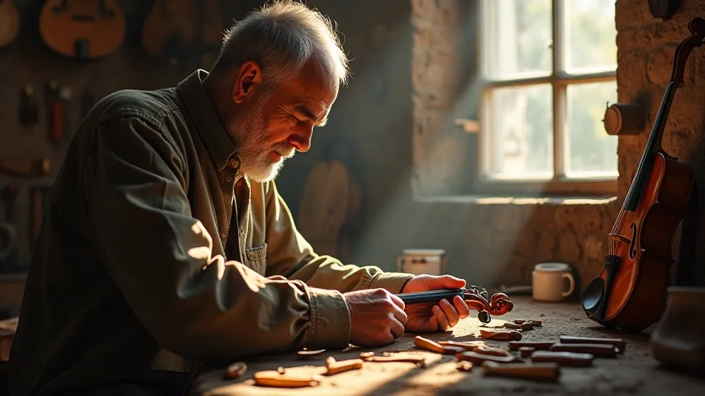 Romanian violin maker at work